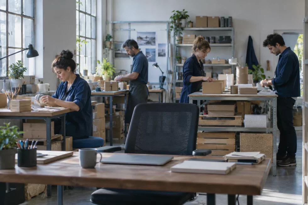 Scène illustrative : Une équipe poursuit son activité dans un atelier, une chaise vide au premier plan