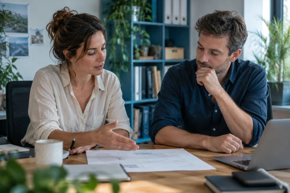 Scène illustrative : Une responsable et un collègue examinent ensemble un planning dans leur bureau