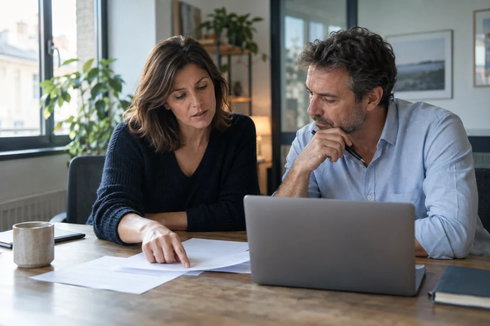 Scène illustrative : Deux collègues préparent une décision à partir de quelques documents et d’un ordinateur
