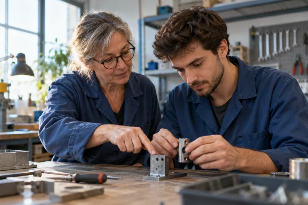 Scène illustrative : Une professionnelle expérimentée transmet un geste de maintenance à un collègue