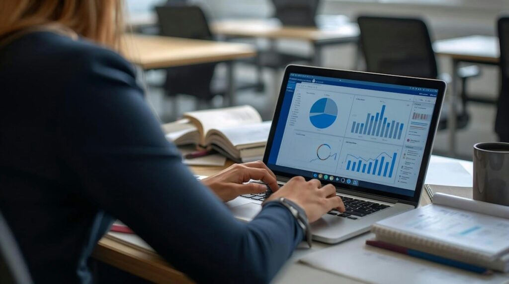 Personne consultant des graphiques sur un ordinateur portable.