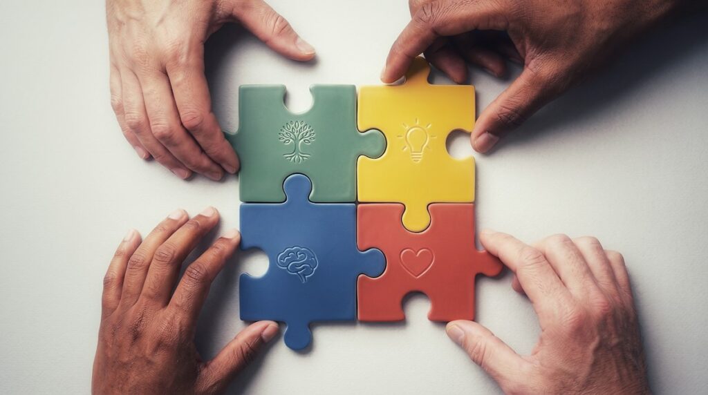 Mains assemblant les pièces d’un puzzle sur une table blanche.